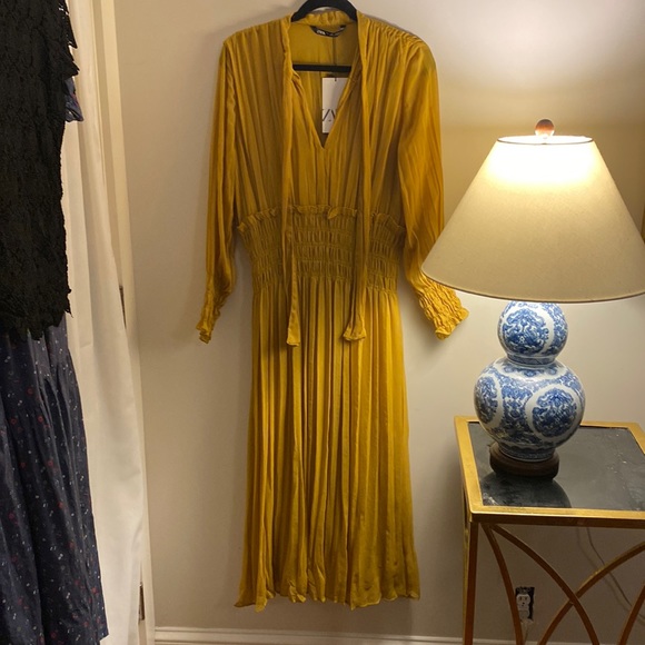 Zara | Dresses | Zara Pleated Midi Chiffon Mustard Yellow Gold Dress Large  | Poshmark